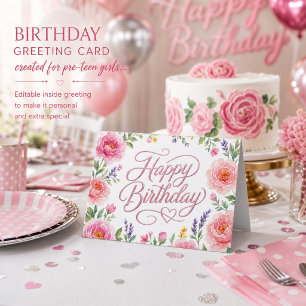 Mädchen Schönes Happy Birthday Silber Rosa Floral  Karte