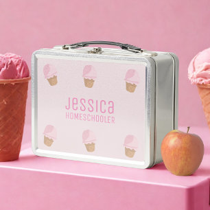 Mädchen-Schule Metall-Lunchbox mit rosa Eiscreme-W Metall Brotdose
