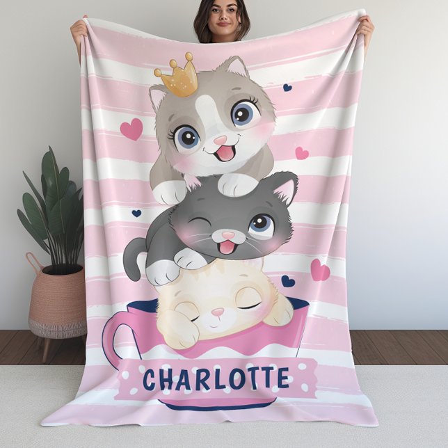 Mädchen schwarz mit Niedlichem Cartoon Katzen Rosa Fleecedecke (Girls Blanket with Cute Cartoon Cats Pink Stripes)