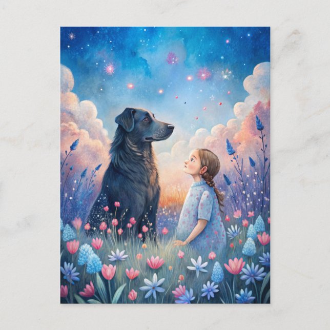 Mädchen Schwarzer Hund Sternenhimmel Postkarte (Vorderseite)