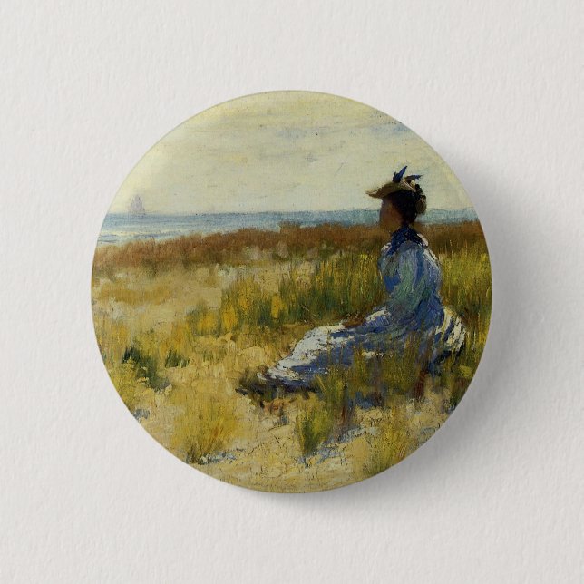 Mädchen sitzt am Meer Button (Vorderseite)