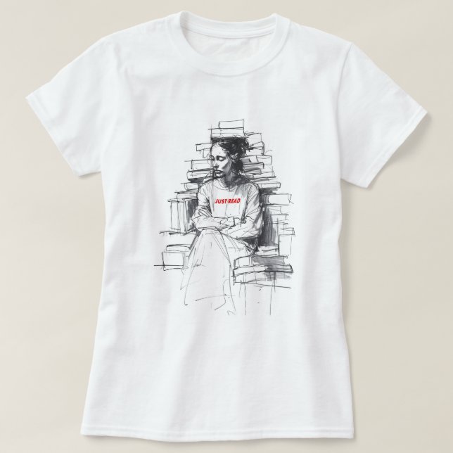 Mädchen sitzt auf dem Buch Throne - "Just Read" T-Shirt (Design vorne)