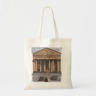 Mädchen sitzt vor Pantheon in Rom. Tragetasche