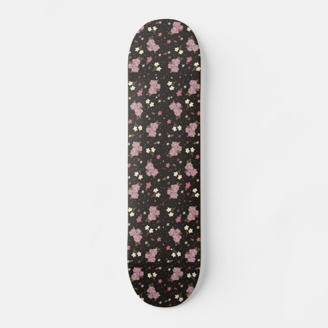 Mädchen Skateboard - rosa Blumen auf dunklem Braun (Vorderseite)