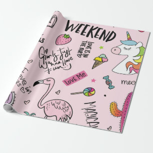 Mädchen-Spaß-Konzept mit Einhorn, Flamingo, Kaktus Geschenkpapier
