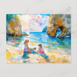Mädchen spielen mit Wasserfarbe am Meeresboden Feiertagspostkarte