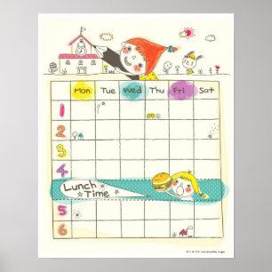 Mädchen spielen neben der Schule und dem Stundenpl Poster