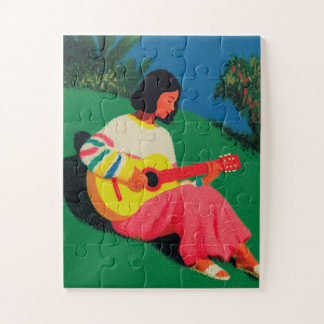Mädchen spielt Gitarre auf grasgrüner Illustration Puzzle
