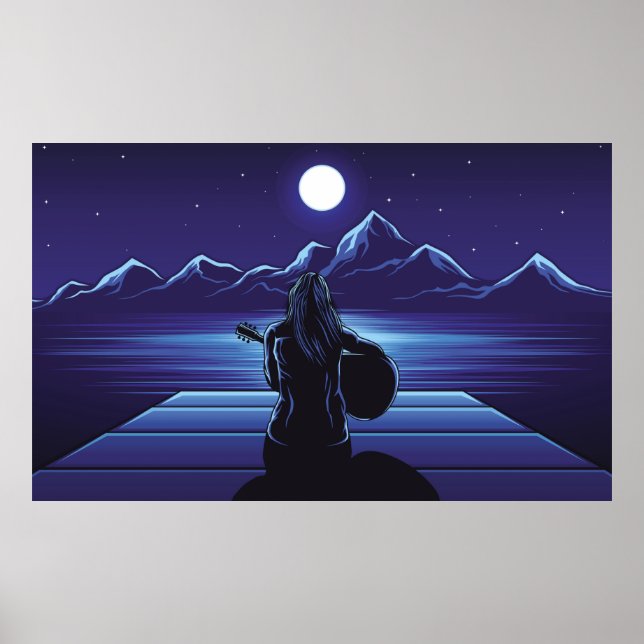Mädchen spielt Gitarre der Nachtgitarre, Mädchen,  Poster (Vorne)