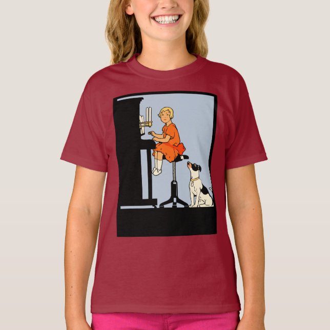 Mädchen spielt Klavier, Hund, Retro-Stil T-Shirt (Vorderseite)