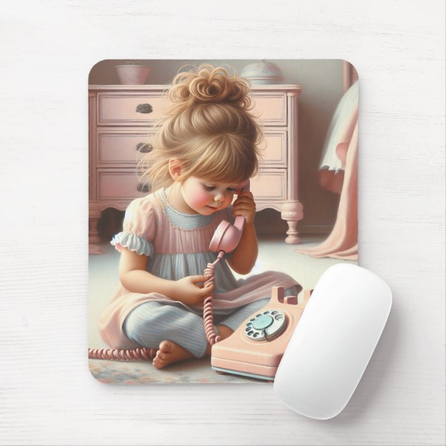 Mädchen sprechen über Retro Rosa Telefon Mousepad (Mit Mouse)