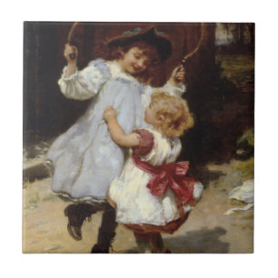 Mädchen springen mit einem Skipferd Fliese