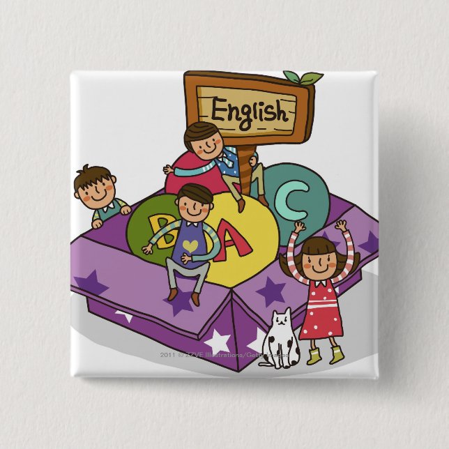 Mädchen stehend mit den Armen angehoben und dem Button (Vorderseite)