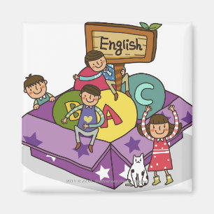 Mädchen stehend mit den Armen angehoben und dem Magnet