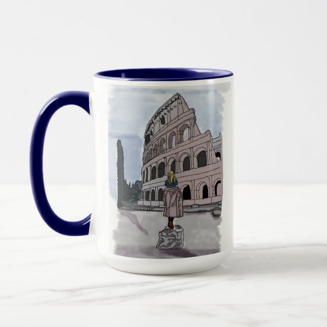 Mädchen stehend vor Kolosseum. Tasse (Links)