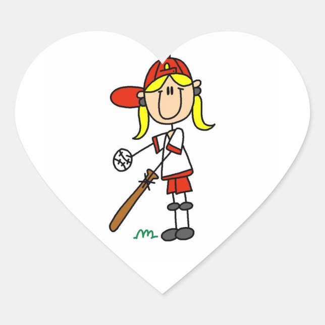 Mädchen-Strichmännchen-Baseball-Schlagmann Herz-Aufkleber (Vorderseite)