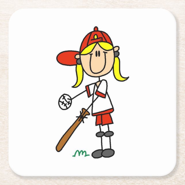 Mädchen-Strichmännchen-Baseball-Schlagmann Rechteckiger Pappuntersetzer (Vorderseite)