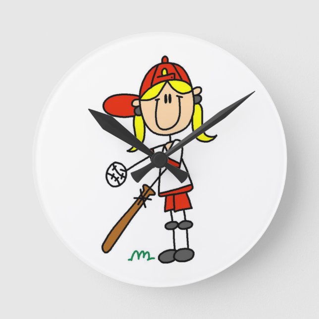 Mädchen-Strichmännchen-Baseball-Schlagmann Runde Wanduhr (Vorderseite)