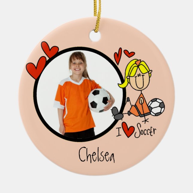 Mädchen-Strichmännchen-Fußball-Foto-Verzierung Keramik Ornament (Vorne)