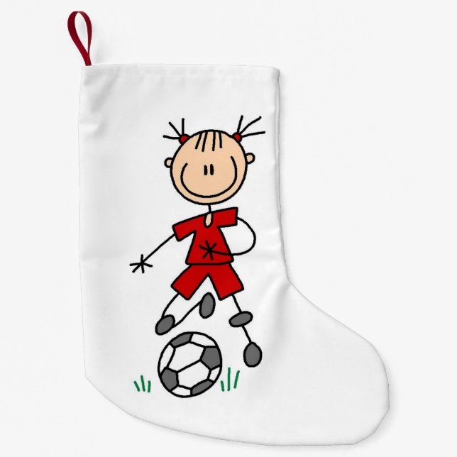 Mädchen-Strichmännchen-Fußball-roter einheitlicher Kleiner Weihnachtsstrumpf (Vorderseite)