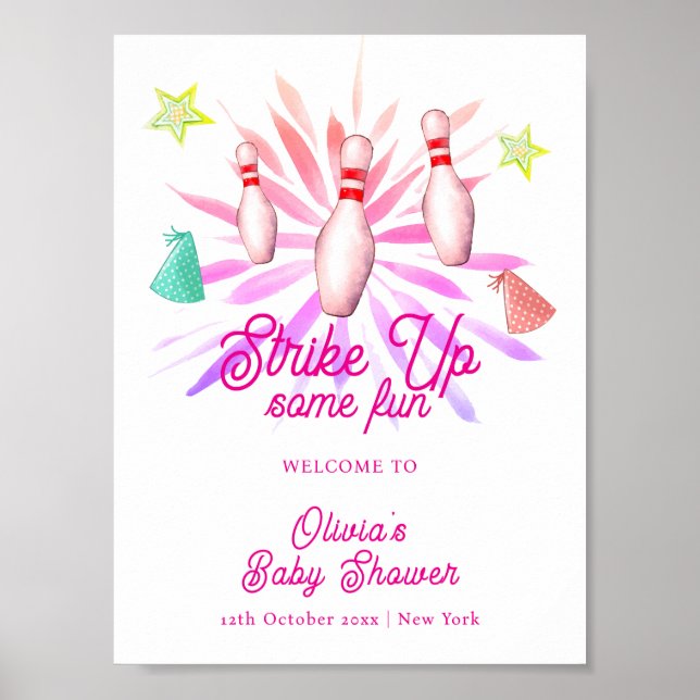 Mädchen-Strike-Up-Bowling-Baby-Shower-Willkommen Poster (Vorne)