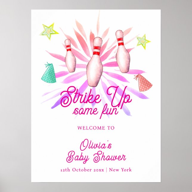 Mädchen-Strike-Up-Bowling-Baby-Shower-Willkommen Poster (Vorne)