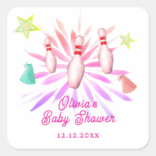 Mädchen Strike Up Bowling Sport Party Baby Shower Quadratischer Aufkleber