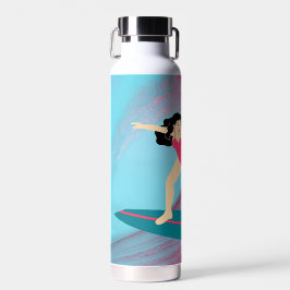 Mädchen surfen bei Sonnenuntergang. Trinkflasche