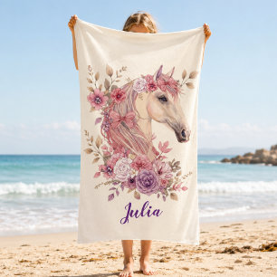 Mädchen Süß Lila Rosa Pferd Monogramm Schrift Name Strandtuch