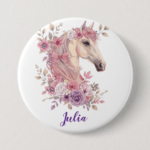 Mädchen Süß Pastell Rosa Lila Pferd Monogramm Button