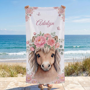 Mädchen Süß Rosa Florales Pferd Personalisierter N Strandtuch