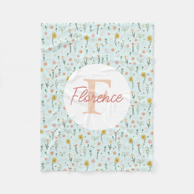 Mädchen Süß Whimsical Boho Wildblumen Monogramm Fleecedecke (Vorderseite)