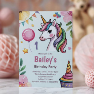 Mädchen Süßes Pastell Einhorn Kinder 1. Geburtstag Einladung