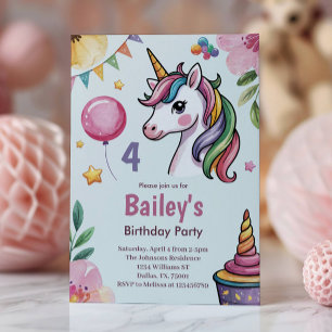 Mädchen Süßes Pastell Einhorn Kinder 4. Geburtstag Einladung