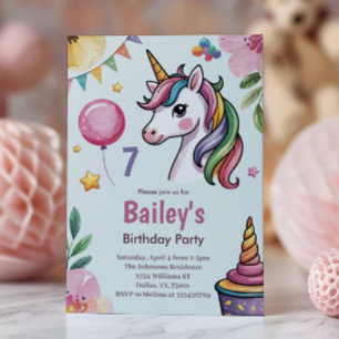 Mädchen Süßes Pastell Einhorn Kinder 7. Geburtstag Einladung