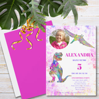 Mädchen T Rex 5. Geburtstag Foto Rosa Einladung