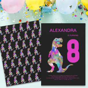 Mädchen T-Rex Dinosaurier 8. Geburtstagsfeier Rosa Einladung