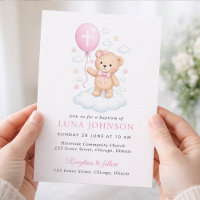 Mädchen-Taufeinladung mit rosa Teddybär