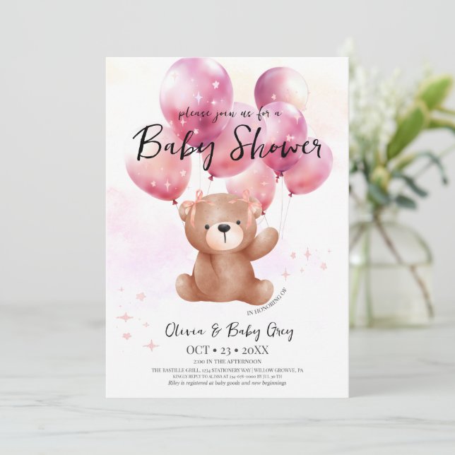 Mädchen Teddybär Baby Shower  Einladung (Stehend Vorderseite)