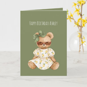 Mädchen Teddybär Grüner Schleife Geburtstag Karte