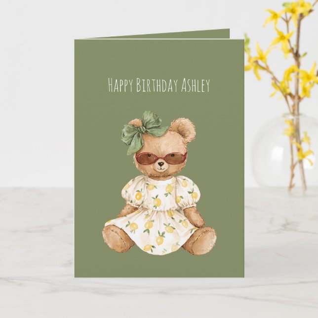 Mädchen Teddybär Grüner Schleife Geburtstag Karte (Gelbe Blume)