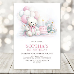 Mädchen Teddybär mit Ballons 1. Geburtstag Einladung