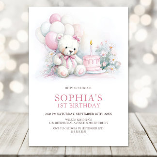 Mädchen Teddybär mit Ballons 1. Geburtstag Einladung