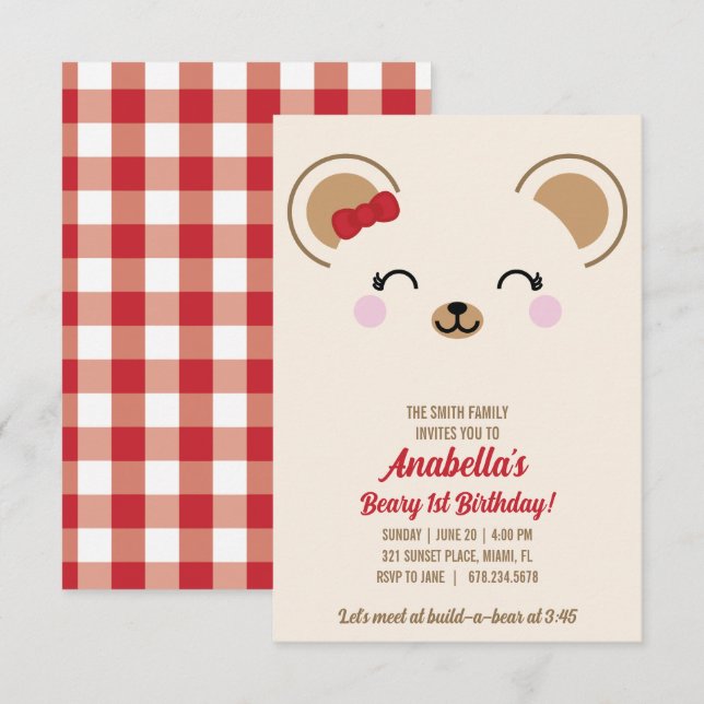 Mädchen Teddybär Picknick EINLADUNG FÜR JEDES ALTE (Vorne/Hinten)