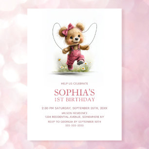 Mädchen Teddybär spielt Springseil 1. Geburtstag Einladung