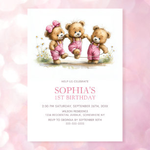 Mädchen Teddybären 1. Geburtstagsfeier Einladung