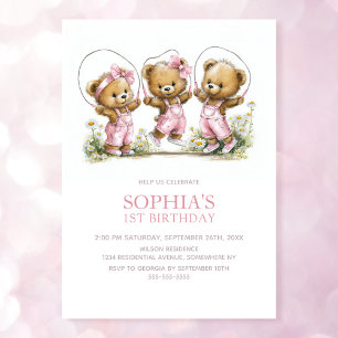 Mädchen-Teddybären in rosa Overalls 1. Geburtstag Einladung