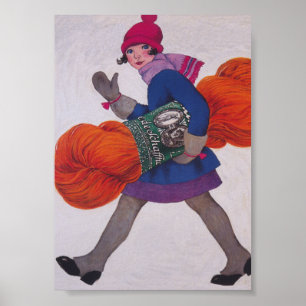 Mädchen trägt riesiges Garnknäuel Vintage Poster