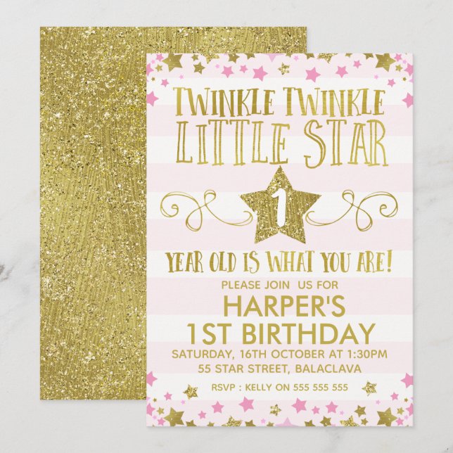Mädchen Twinkle Little Star 1. Geburtstag Einladun Einladung (Vorne/Hinten)