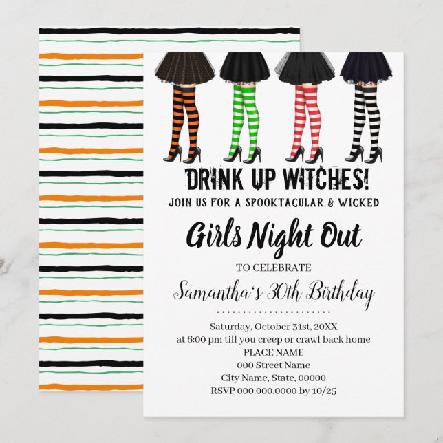 Mädchen übernachten Hexen am Geburtstag Einladung (Vorne/Hinten)